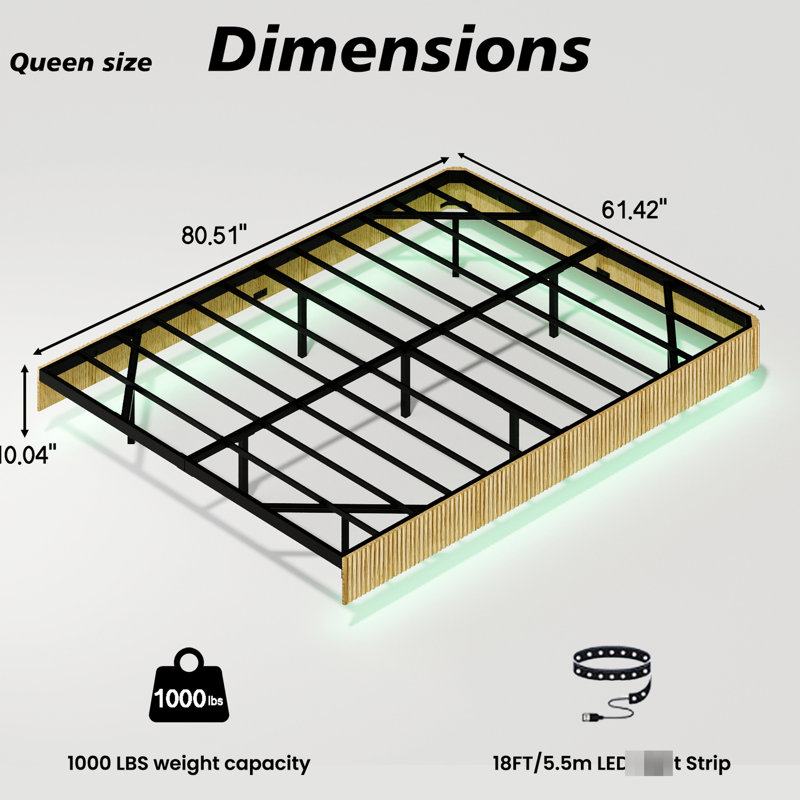 Queen Floating Bed Frame In Oak Color, Wave Curve Wood Design, Led Lights For Romantic Nights, Heavy Duty Metal Slats, Concealed Support Mechanism, Color - Changing Lighting Modes, Real Grain, Base,