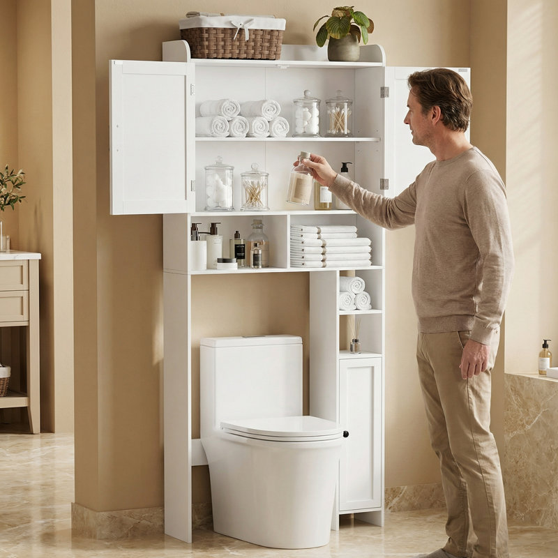 Armoire de rangement au-dessus de la toilette avec 2 portes de grange, support pour papier hygiénique, tablette de salle de bain autoportante, blanc, pour salle de bain