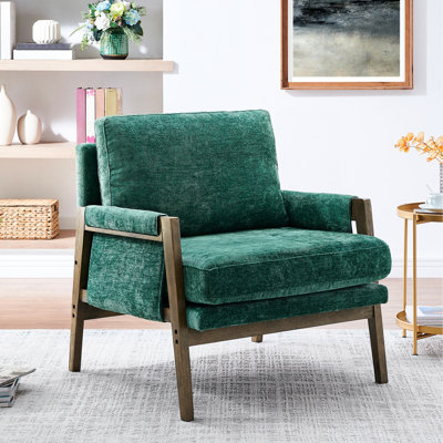 Mid-Century Modern Armchair , Velvet Seat Cushion, Solid Rubberwood Base Armchair, Upholstery, Stable Frame