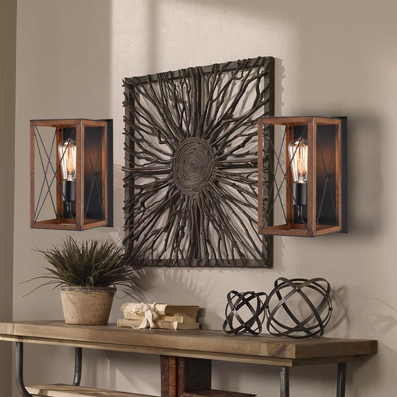 Applique murale lanterne murale 14 lumières H 14,37 po noir et bois de grange
