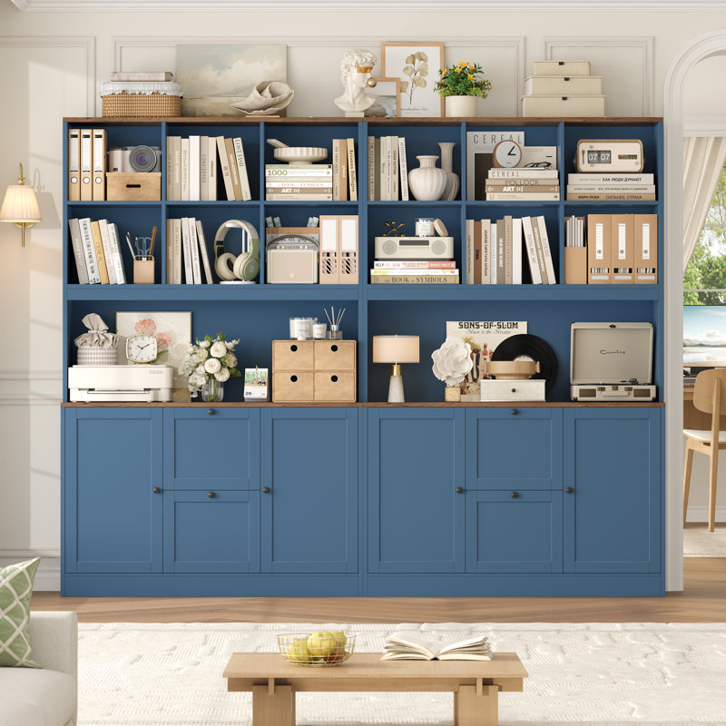 Bibliothèque de rangement en bois 72 "avec tiroirs classeurs, Brun/bleu