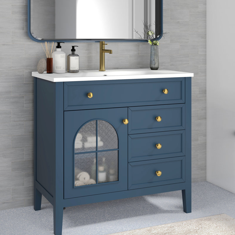 Meuble-lavabo simple 35,6 po avec lavabo et plateau en céramique, meuble-lavabo de style Mid-Century avec verre à motif et bande lumineuse à capteur de mouvement, armoire de rangement pour salle de bain avec tablette, bleu