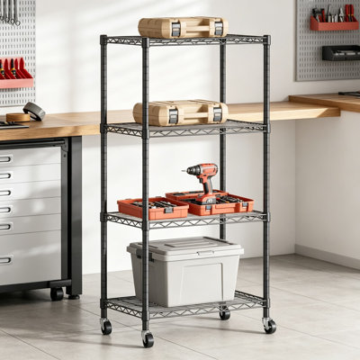 Étagère de rangement robuste à 4 niveaux en fil métallique avec roulettes, idéale pour la cuisine, la salle de bain, la buanderie, le garage et le garde-manger. Structure métallique solide avec tablettes réglables, montage facile, noir.