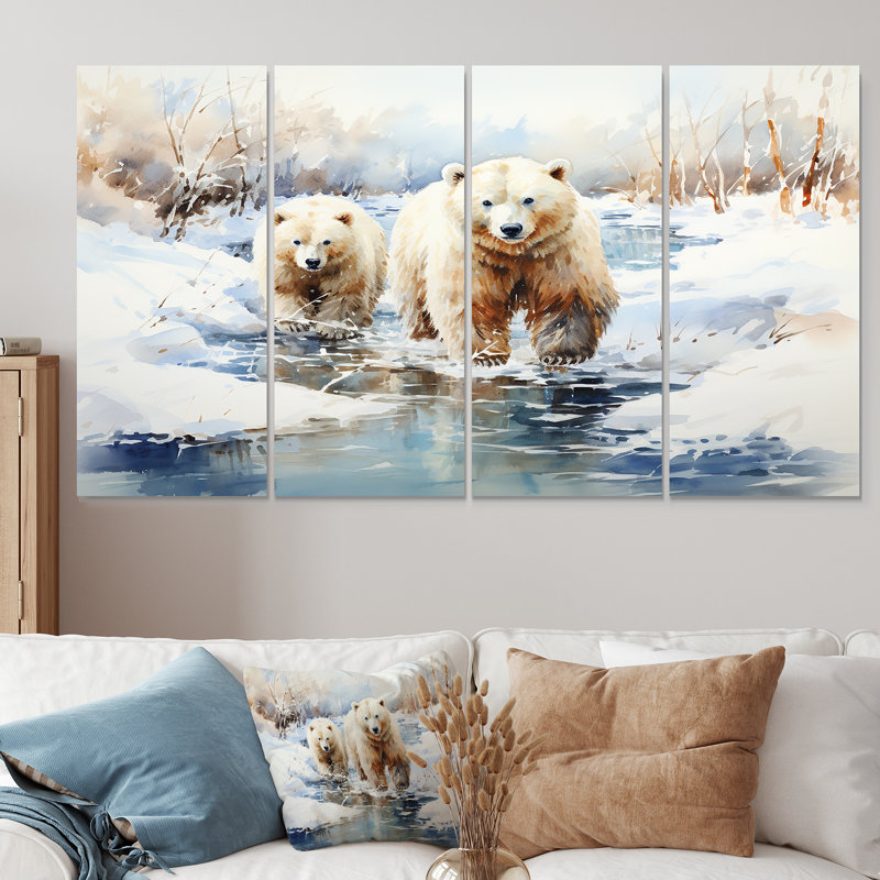 «Snow Snow Bears In Winter I - Bear», art mural 4 pièces, H 28 po x l 48 po