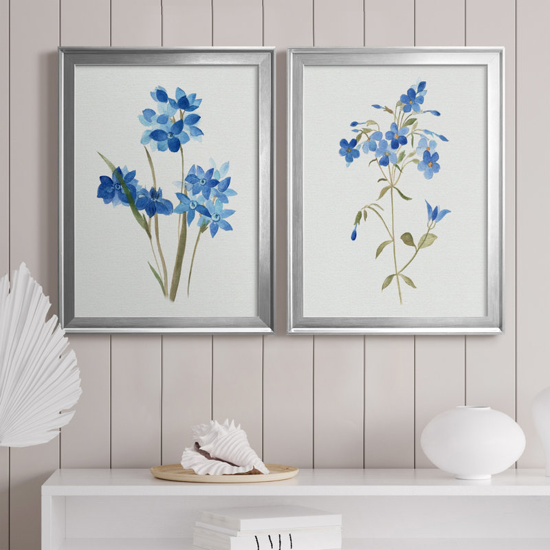 «Blue Blossom Botanical I», ensemble de 2 peintures sur toiles, Silver Framed Canvas, H 18,5 po x l 49 po x P 1,5 po