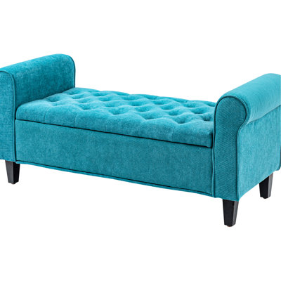 50" Storage Bench With Teal Velvet And Button Tufting - Bench, Upholstered Rolled Arms For Bedroom, Living Room, Entryway, Space