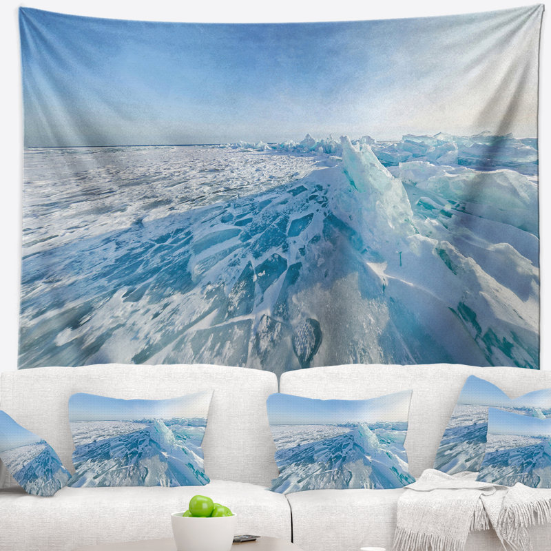 Paysage, baleines à glace dans le lac Baïkal, tapisserie de Sibérie, H 68 po x l 80 po