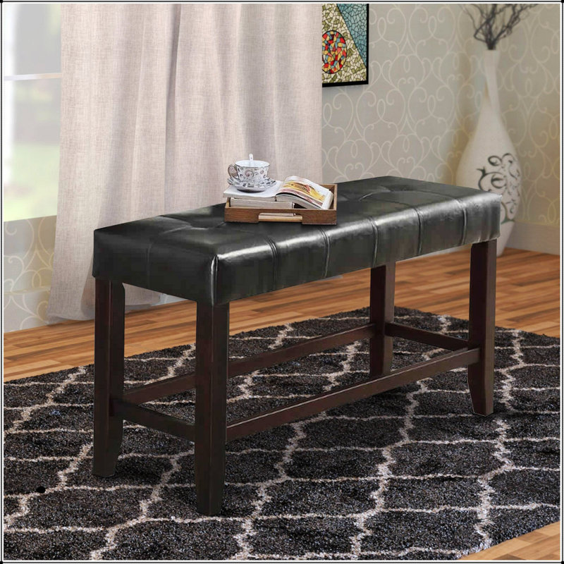 Counter Height 1pc Bench Dining Room  Faux Leather Cushion Tufted Seat Wooden Base Comfort Seat Kitchen Dining, Black/Brown