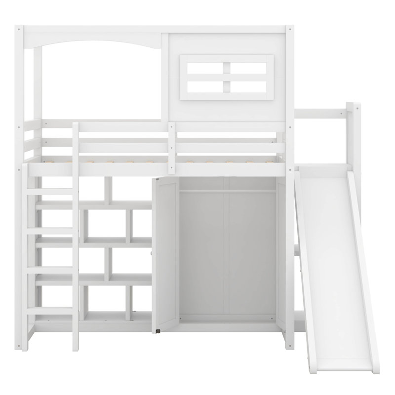 Twin Size Loft Bed With Wardrobe And Storage Shelves, Wooden Loft Bed Frame With Slide And LED