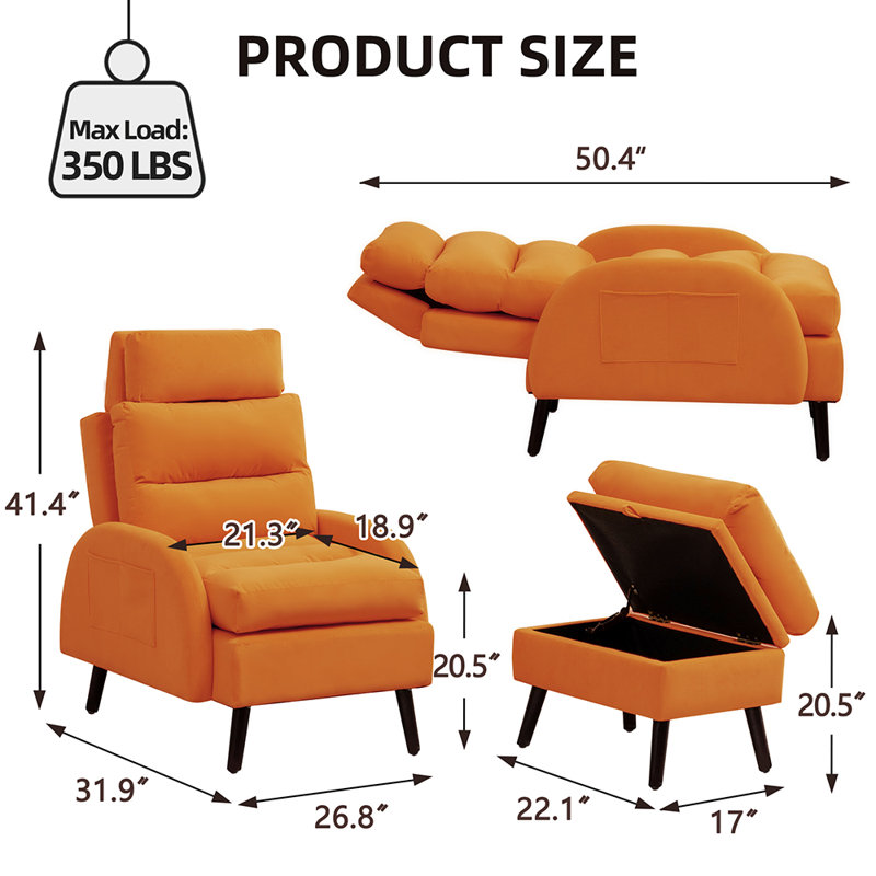 Jonilda Upholstered Accent Chair and Ottoman with  Adjustable Backrest, Orange Velvet