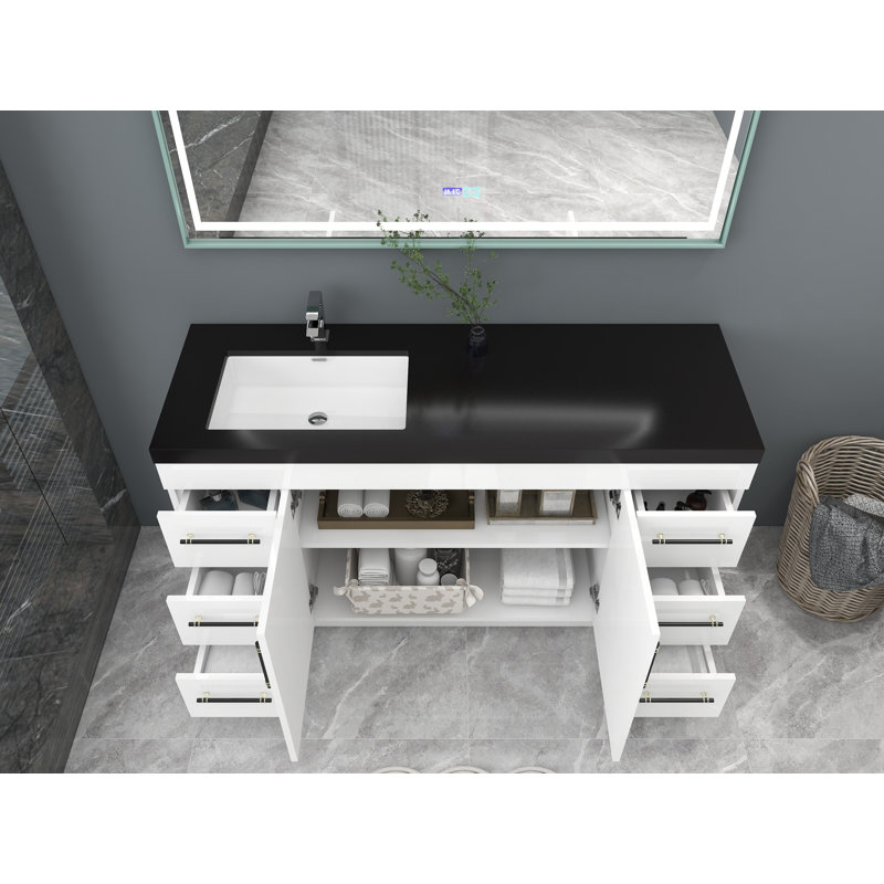 Ensemble de meuble-lavabo simple 60 po Campea, Blanc ultrabrillant, Noir mat