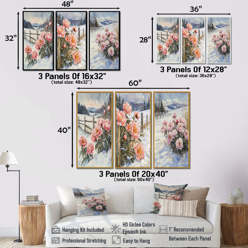 Pivoines d'hiver dans les pâturages enneigé I - Collection d'art mural traditionnel 3 pièces, Impression encadrée flottante