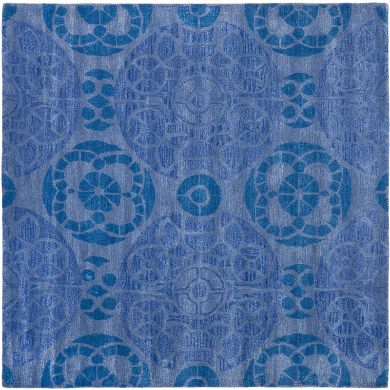 Kouerga Hand Tufted Wool/Viscose Damask Rug in Blue, Square 8'9"
