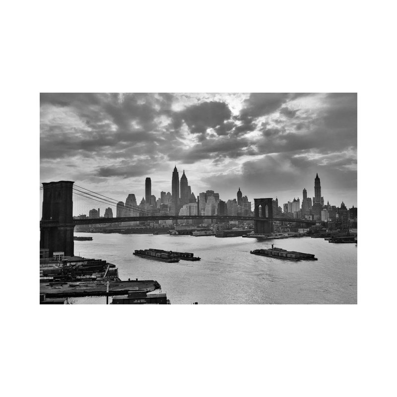 1940s-1950s Dramatic Sunset Downtown New York City Skyline With Brooklyn Bridge Barges In East River NYC, NY, USA - Wrapped Canvas Print