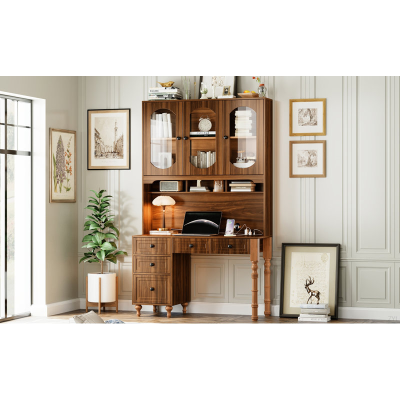 47'' Retro Desk With Charging Ports And Hutch Cabinet, Office Desk With 5 Storage Drawers And Transparent Glass-Door Bookshelf, Executive Computer Desk For Home Office, Bedroom, Walnut