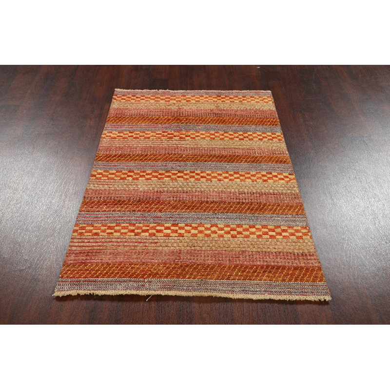 Tapis orange / gris en laine noué à la main de conception unique 3 pi 3 po x 4 pi 11 po New Age
