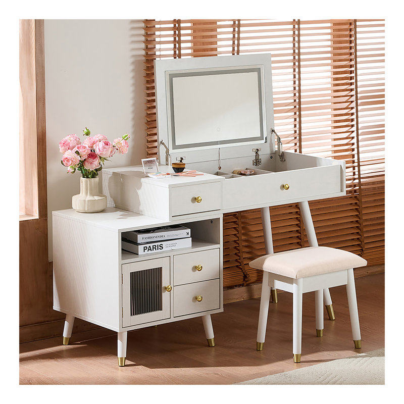 Bureau de coiffeuse 3-en-1 avec miroir basculant éclairé et armoire réglable, coiffeuse à maquillage avec tabouret, commode avec tiroirs pour la chambre à coucher, blanc