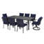 Ensemble de salle à manger en métal noir 9 pièces avec table rectangulaire, 2 chaises pivotantes et coussins bleus Maynard-122878552