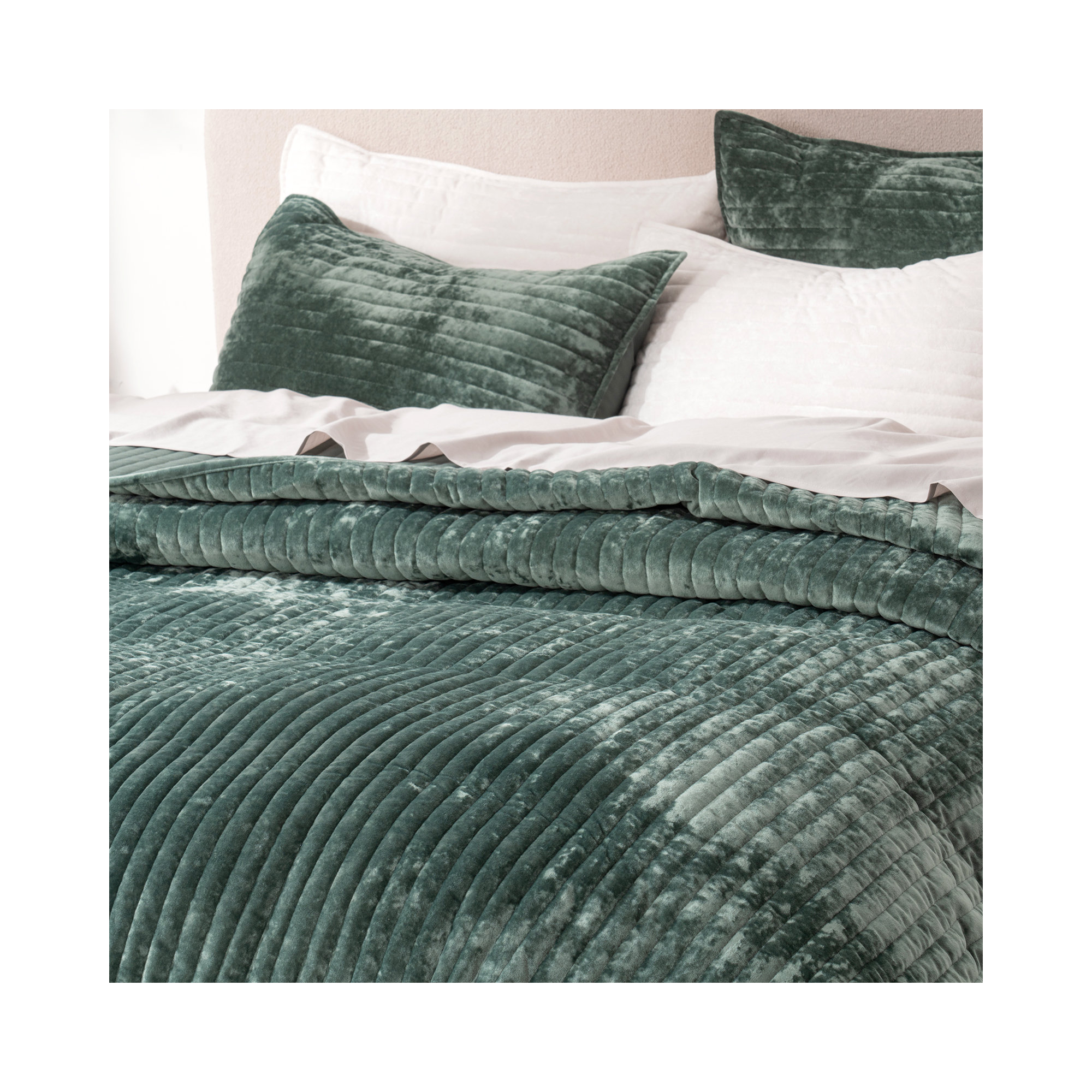 Luxe Velvet Channel Quilt Set, Dark Green, King