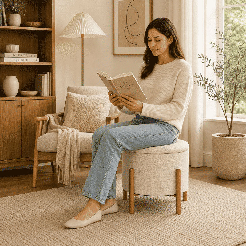 Repose-pieds rond avec rangement en lin avec plateau en bois réversible et pieds en pin, beige, 21 po, Beige