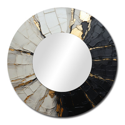 Rosanno Beige Black Minimalism Poteries - Abstract Spirals Decorative Mirror, Beige Large Round Wall Mirror, Printed Metal Art