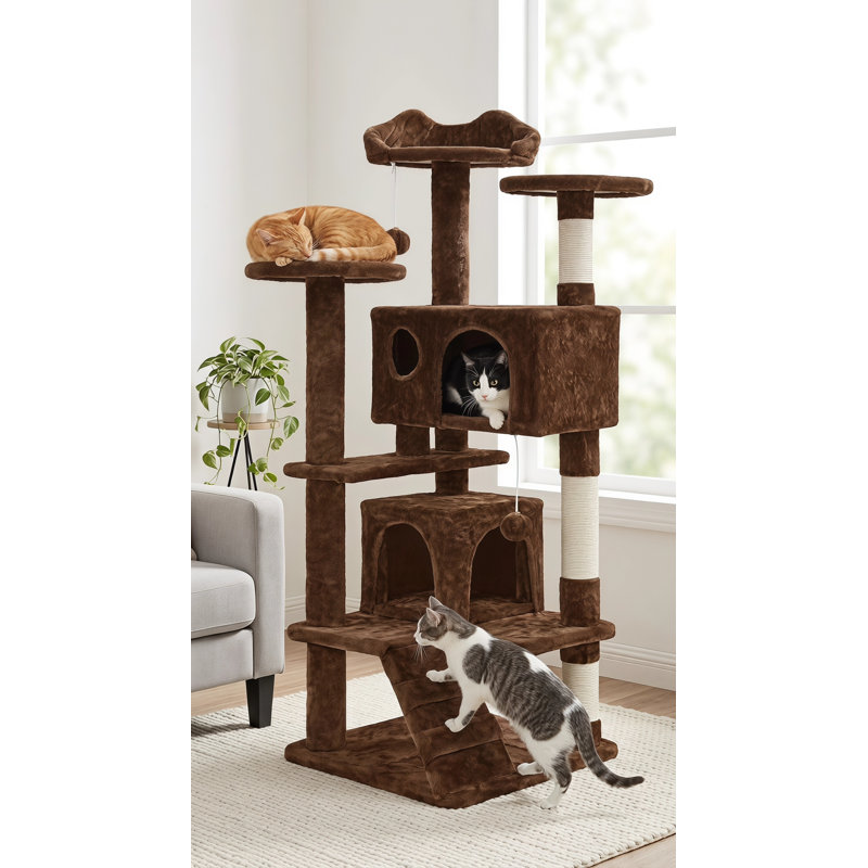 Brun | Tour pour arbre à chat de 54 pouces convenant aux chats d'intérieur, charge totale de 66 lb, équipée d'un perchoir à oreilles, de 2 grottes pour chat et de poteaux à griffes, structure à plusieurs niveaux avec échelle d'escalade et 2 balles en peluche, assemblage facile, conception adaptée aux animaux de compagnie