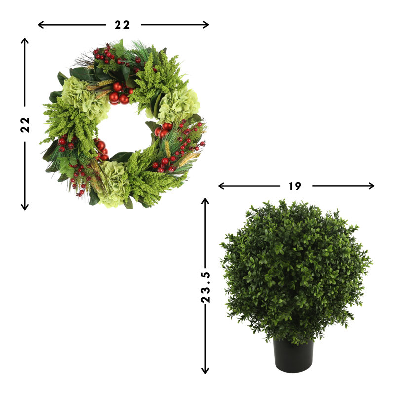 Classic Holiday Set with 22" Wreath and UV Boxwood Drop-In