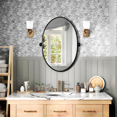 Miroir de salle de bain mural pivotant 24 po x 20 po ovale, miroir de meuble-lavabo biseauté avec cadre en métal
