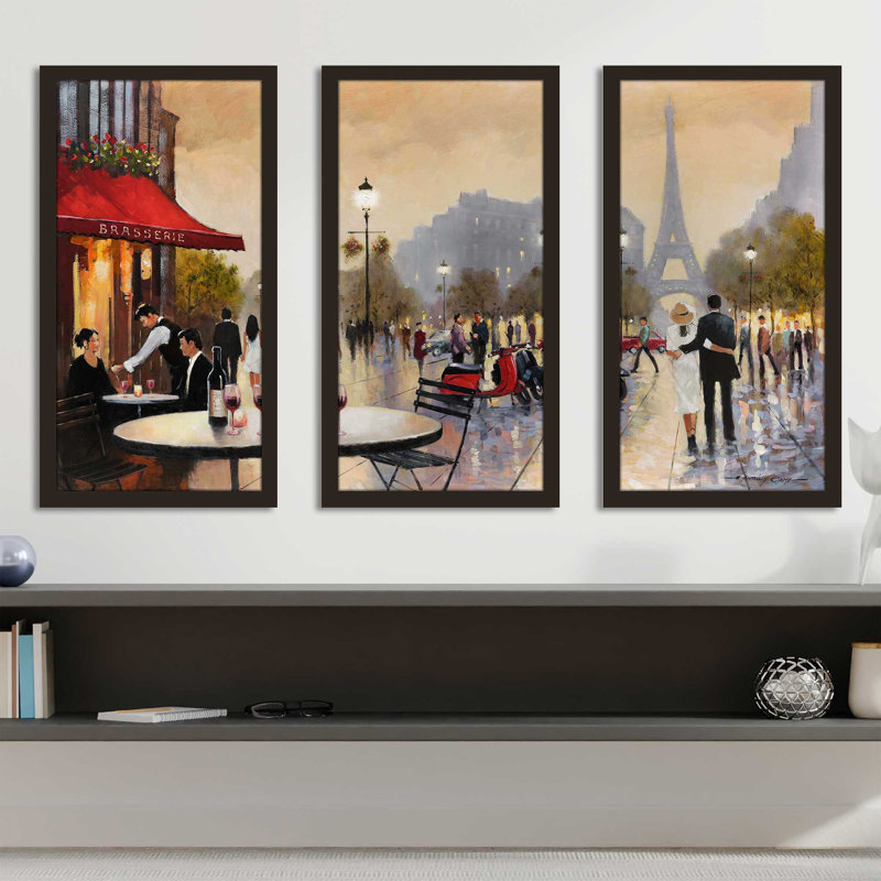 «Paris Stroll» par E. Anthony Orme - peinture encadrée 3 pièces, L 40,5 po x H 25,5 po x P 1 po
