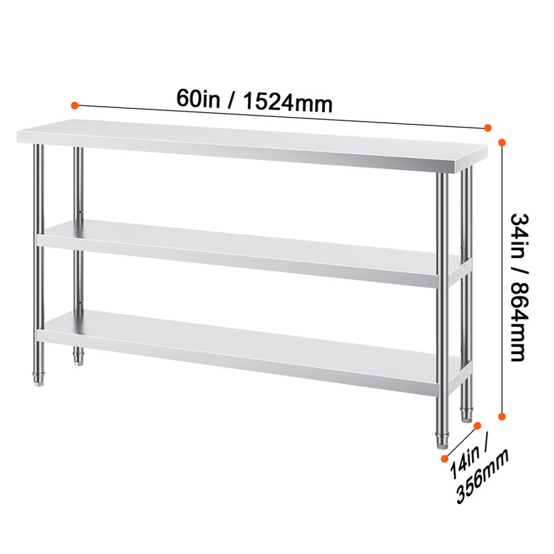 34 Inch Stainless Steel Food Prep Table with 2 Adjustable Undershelf, 34" H x 60" W x 14" D