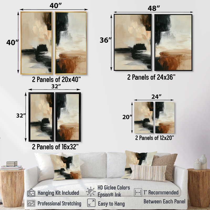 «Black and Brown Brushstroke Abstract Painting - Abstract Collages Wall Art For Living, Black Contemporary, reproduction sur toile 2 pièces
