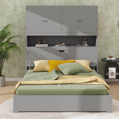 Lit plateforme double en bois, avec ports USB, tête de lit et tiroirs