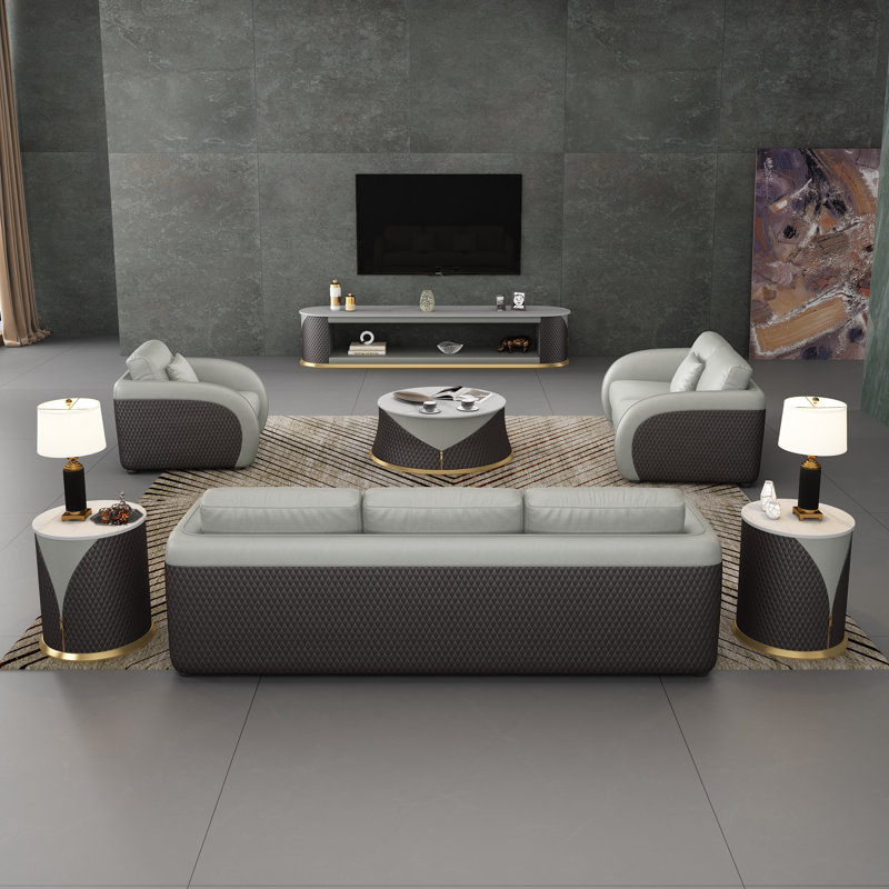 Noir 3 - Piece Living Room Set, Gray/Chocolate Genuine Leather