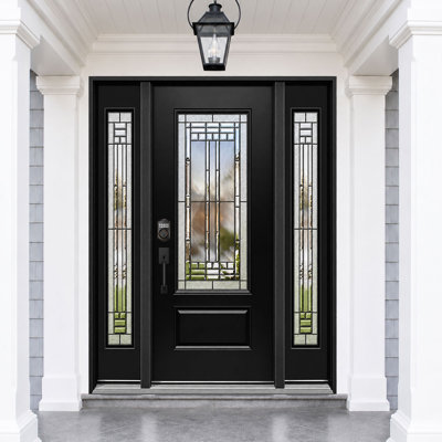 64 In. X 80 In. Inswing Right Smooth Black Fiberglass Front Door With Patina Caming Decorative Glass And Sidelites