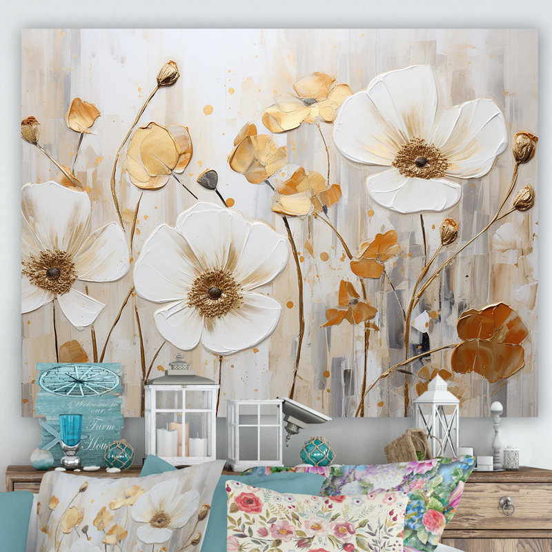 Élégant beige boutons d'or pré - décoration murale boutons d'or, 34" H x 44" W, Toile tendue