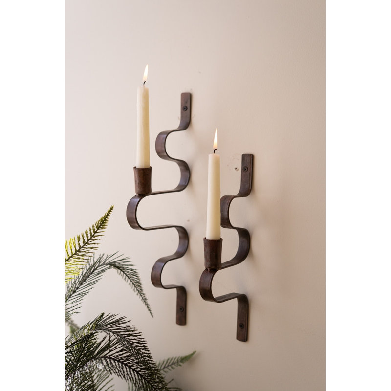 Ensemble de 2 appliques murales ondulées en métal pour bougies coniques, style rustique, 40 cm de hauteur.