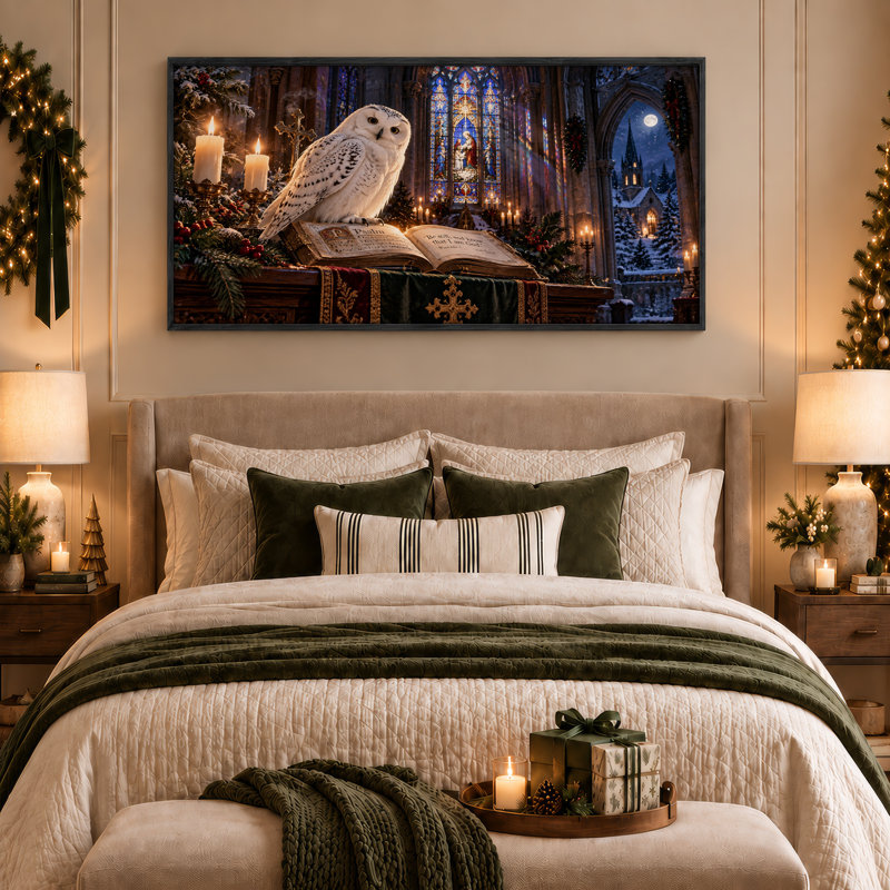 «Snowy Owl on Open Bible in Stain Glass Church», art mural sur toile, L 58 po x H 28 po