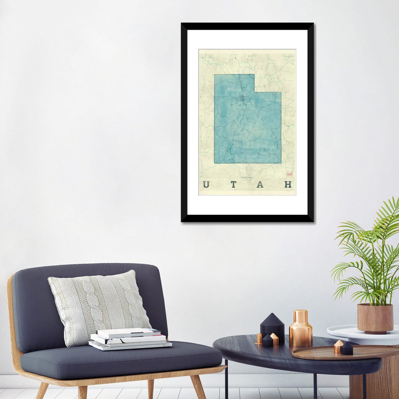 «Utah Map», impression sur toile, H 24 po x l 16 po x P 1 po, Papier beaux-arts encadré noir, Blanc