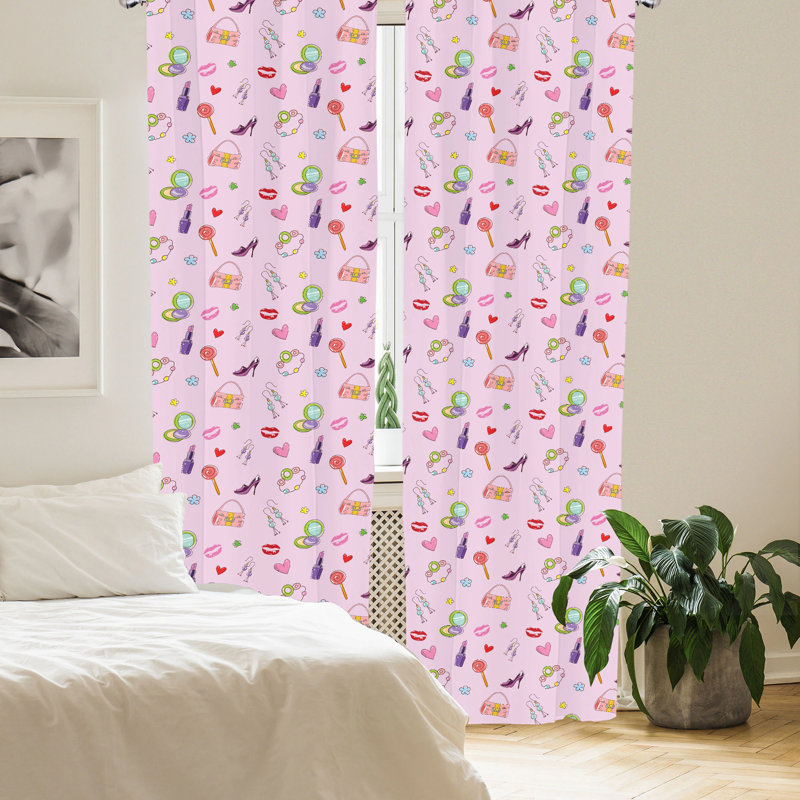 Pink Multicolor Polyester Semi-Sheer Rod Pocket Curtain Panels Set
