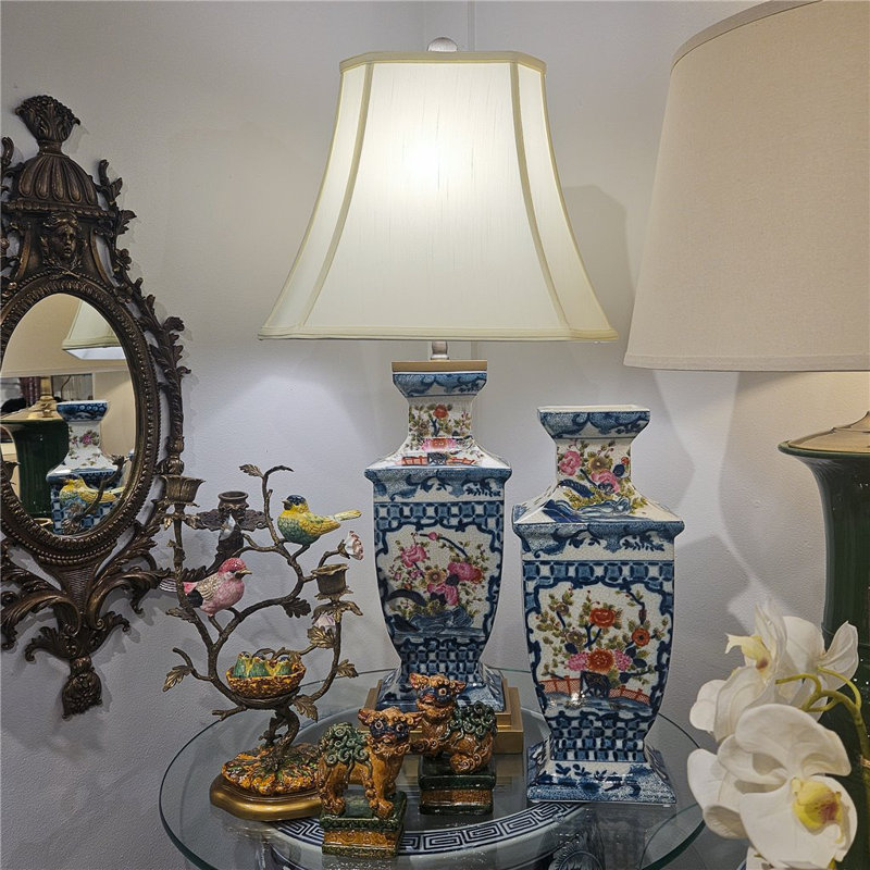 Garden Trellis Hand Painted Porcelain Table Lamp with Gold Base