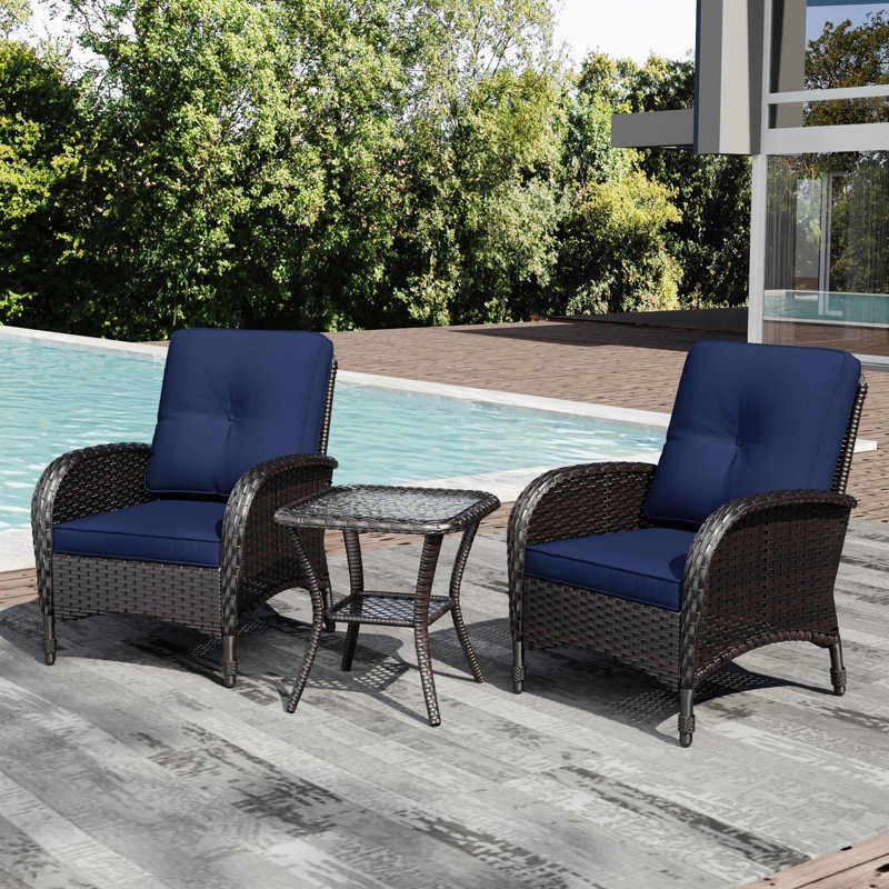 Ensemble de patio extérieur en osier 2 personnes avec chaises, table d'appoint et coussins bleus toutes saisons, Bleu