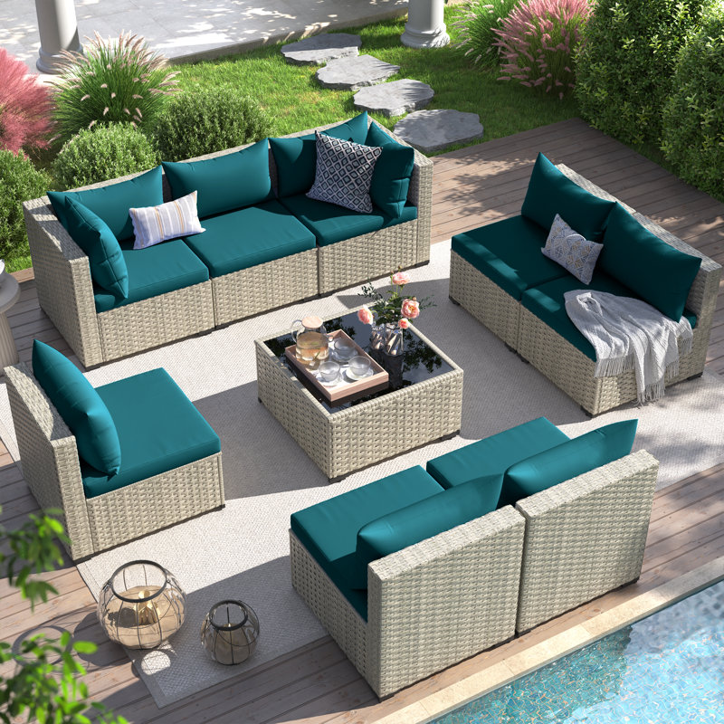 9 Pieces Rattan Patio Conversation Sets With Cushions, Peacock Blue