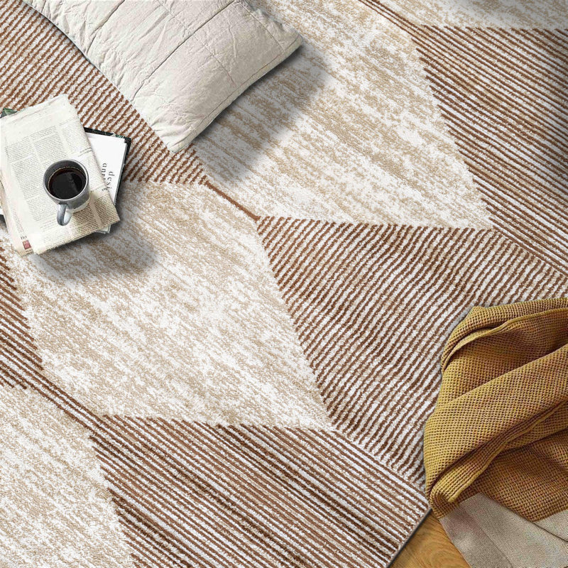 Beige Brown Geometric Stripe Area Rug, Runner 2'2" x 8'