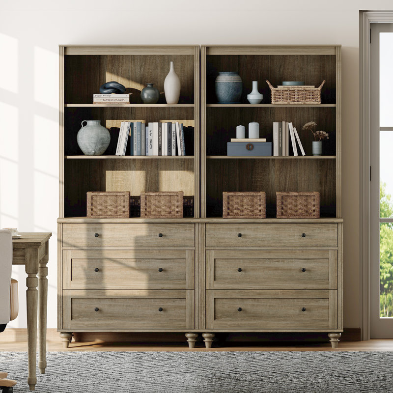 Bibliothèque Corretta 183 cm (H) x 172 cm (L) avec 3 tiroirs (lot de 2), bibliothèque haute avec 3 étagères ouvertes, grande bibliothèque en bois de style ferme pour salon, chambre, bureau ou cuisine.
