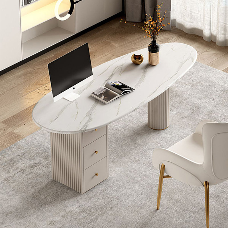 White Oval Solid Wood with 3 drawers desk, 29.53" H x 47.24" W x 23.62" D