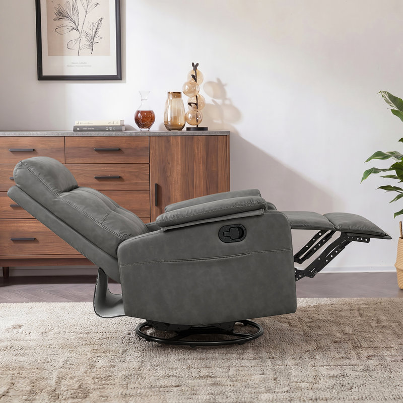 25.2"Manual Swivel Chair with Storage Pocket, Flip-Down Tray Table and Dual Cup Holders, Gray Faux Leather