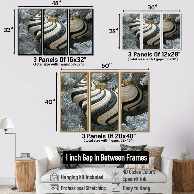«Black and White Christmas Peppermint Swirl» - ensemble d'art mural de Noël, Toile avec cadre flottant noir