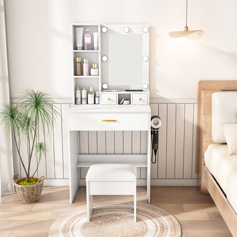 Table de coiffeuse avec miroir, lumières à DEL, prise de courant et support pour sèche-cheveux - Mobilier de chambre à coucher blanc Tiroirs peu encombrants Éclairage à trois modes réglables de style américain pour un rangement facile