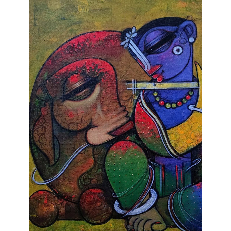 Lord Krishna avec vache | Acrylique sur toile | Par Ramesh Gujar