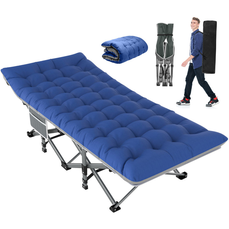 Lit de camp pliant pour l'extérieur avec matelas et sac de transport, Gris / bleu